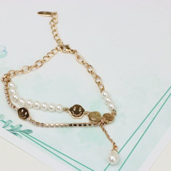 Rose Gold Smiley Face Pearl and Crystal Layered Bracelet, XPBL0671 - Picture 4 of 12